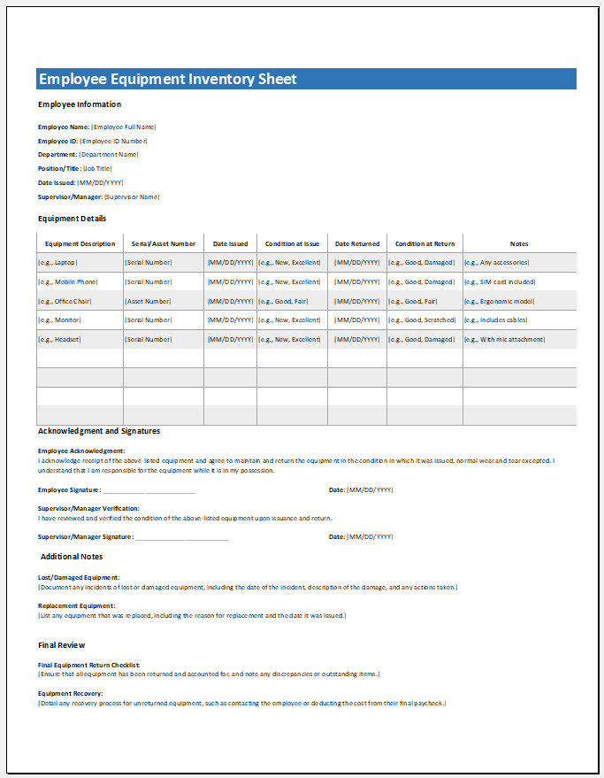 Employee Equipment Inventory Sheet