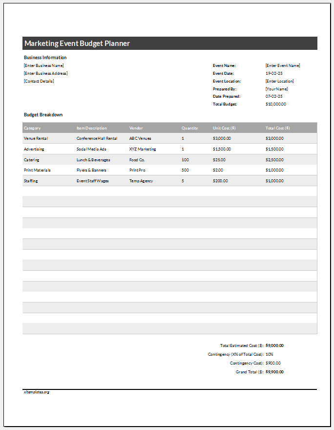 Marketing Event Budget Planner for Excel