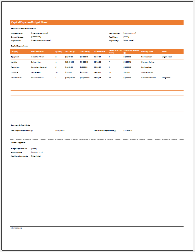 Capital Expense Budget Sheet for Excel