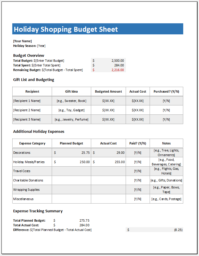 Holiday Shopping Budget Sheet