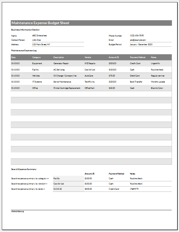 Maintenance Expense Budget Sheet for Excel