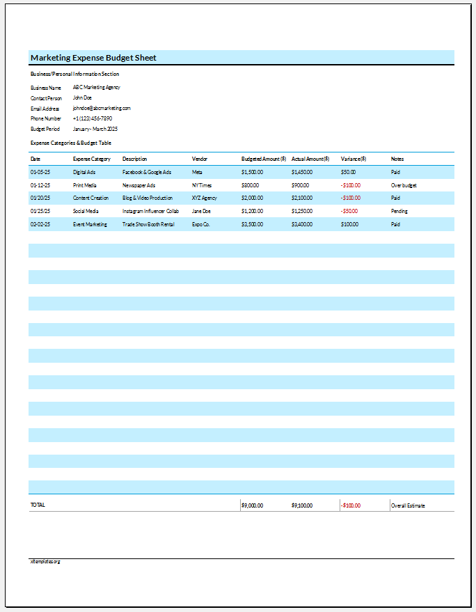 Marketing Expense Budget Sheet for Excel