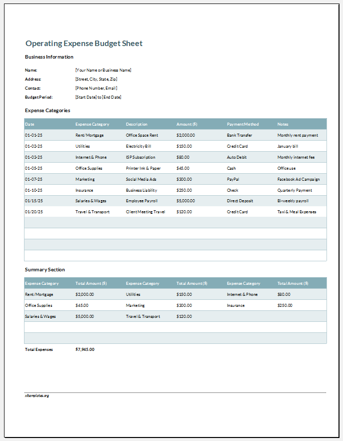 Operating Expense Budget Sheet for Excel