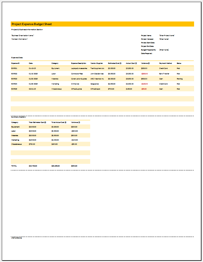 Project Expense Budget Sheet for Excel