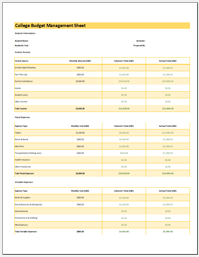 College Budget Management Sheet Template