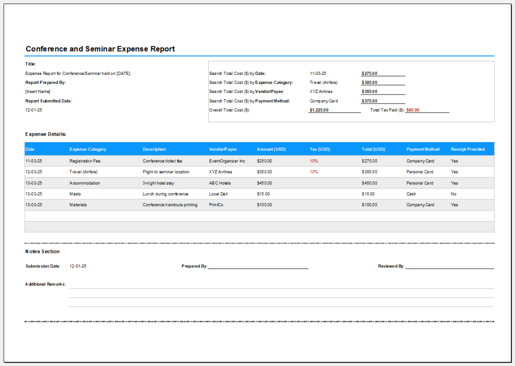 Conference and Seminar Expense Report