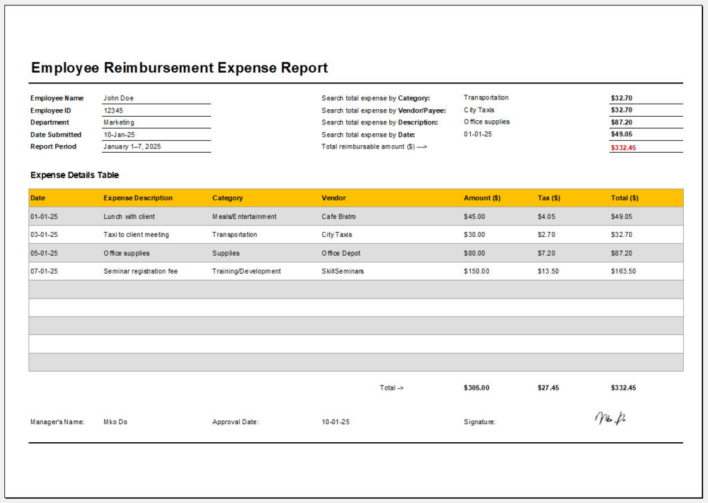 Employee Reimbursement Expense Report