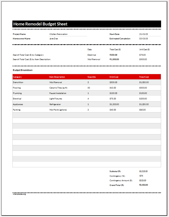 Home Remodel Budget Sheet