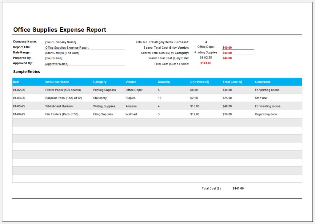 Office Supplies Expense Report Template