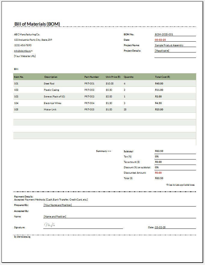 Bill of Material (BOM) Template for Excel