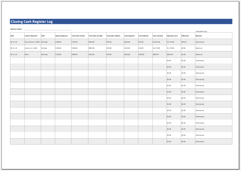 Closing cash register template