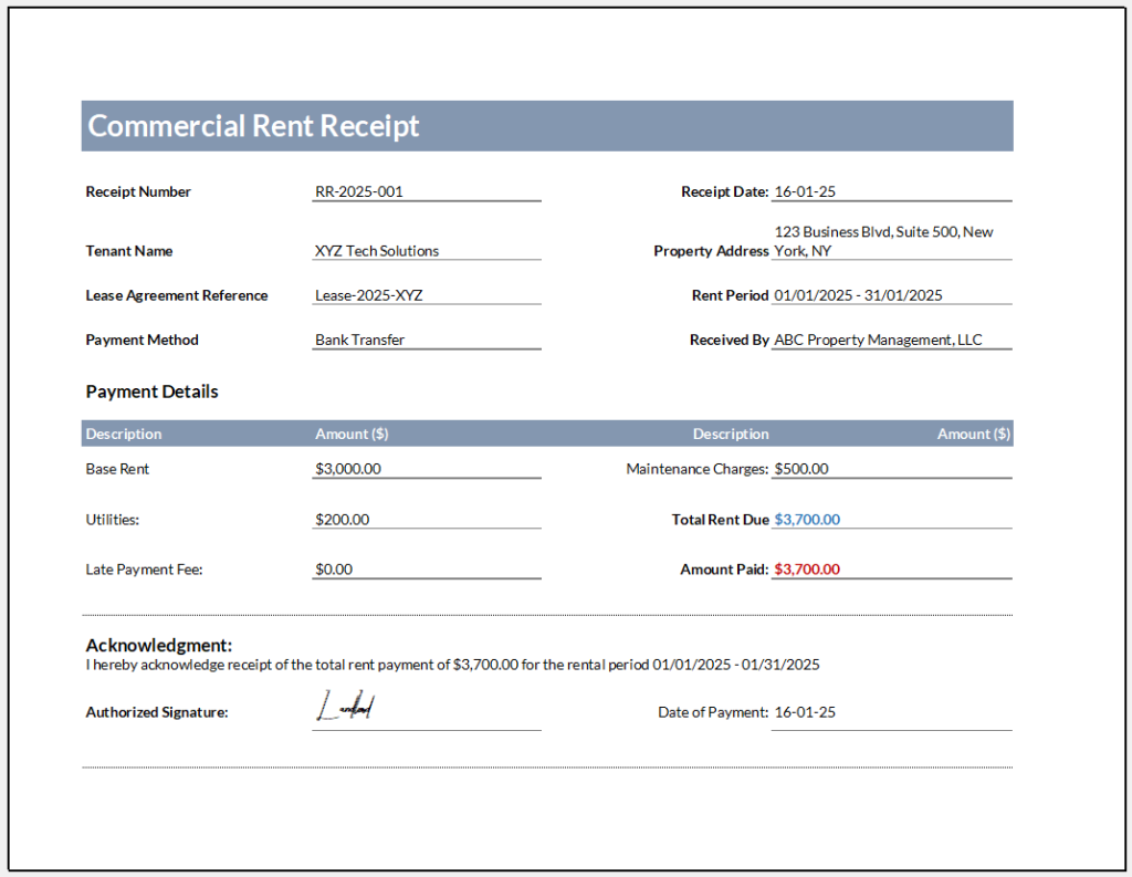 Commercial Rent Receipt Template