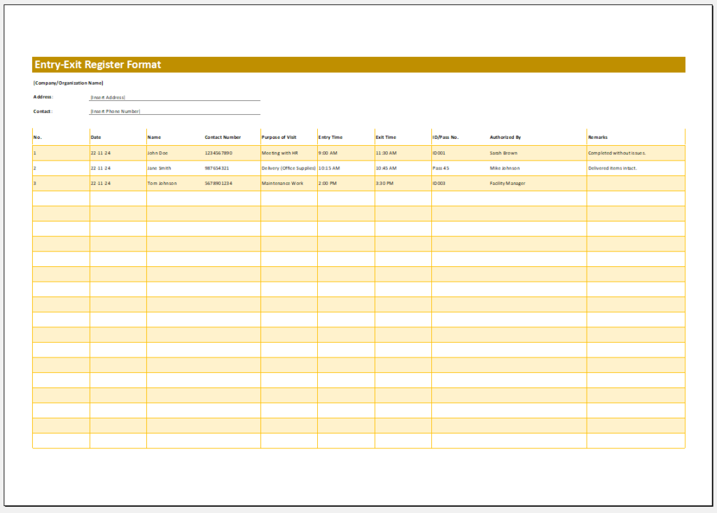 Entry-Exit Register Format