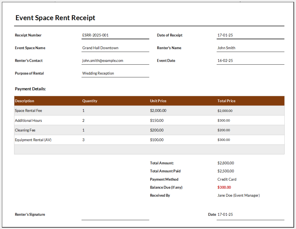 Event Space Rent Receipt Template