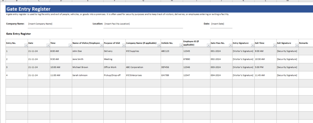 Gate Entry Register Template