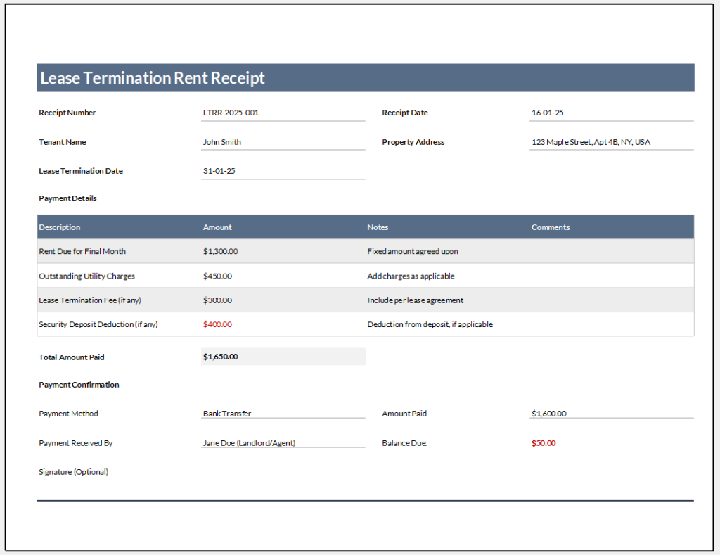 Lease Termination Rent Receipt Template