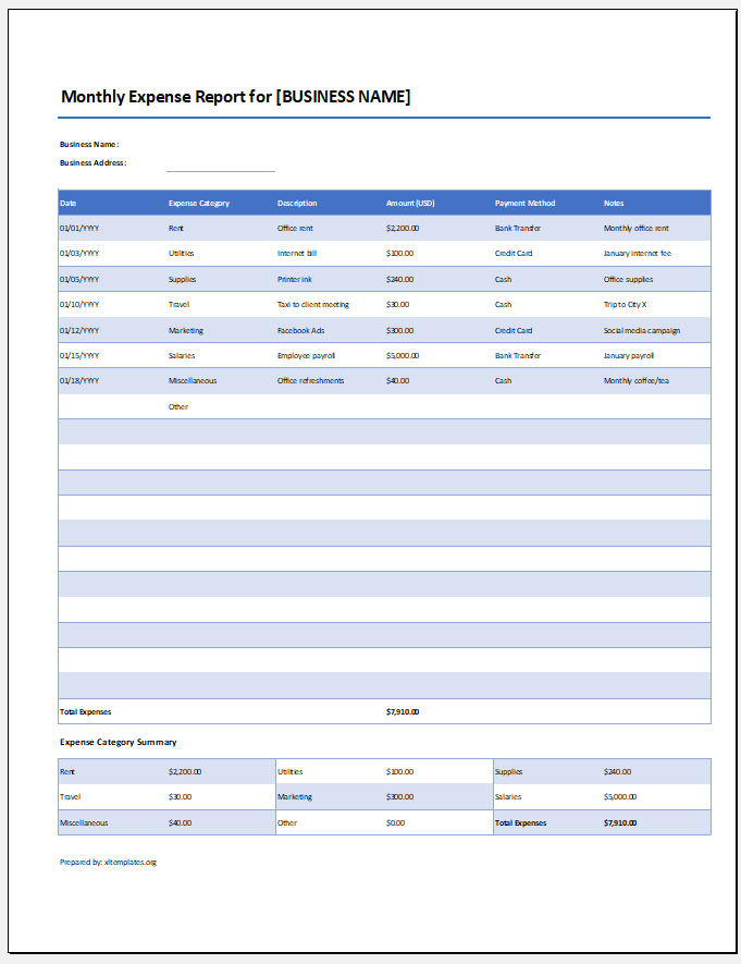 Monthly Expense Report for Business