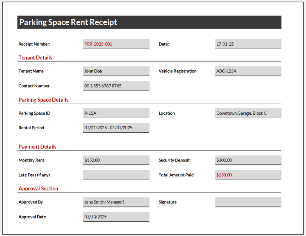 Parking Space Rent Receipt