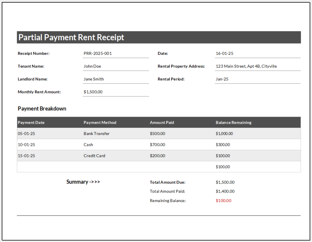 Partial Payment Rent Receipt