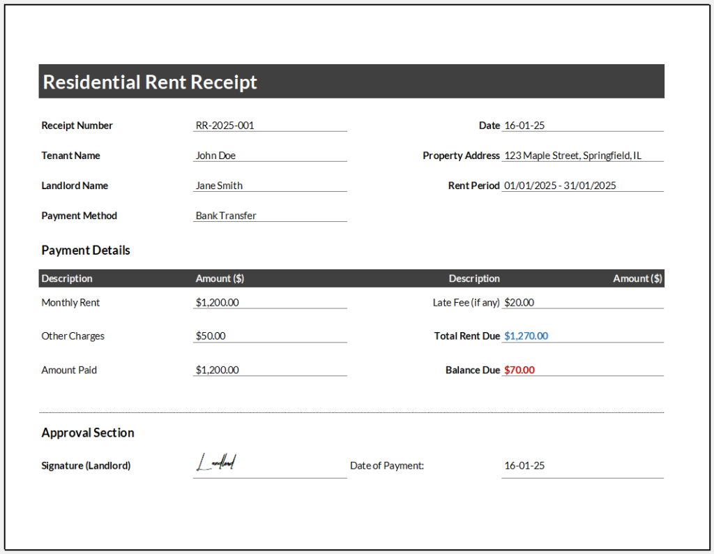 Residential Rent Receipt Template