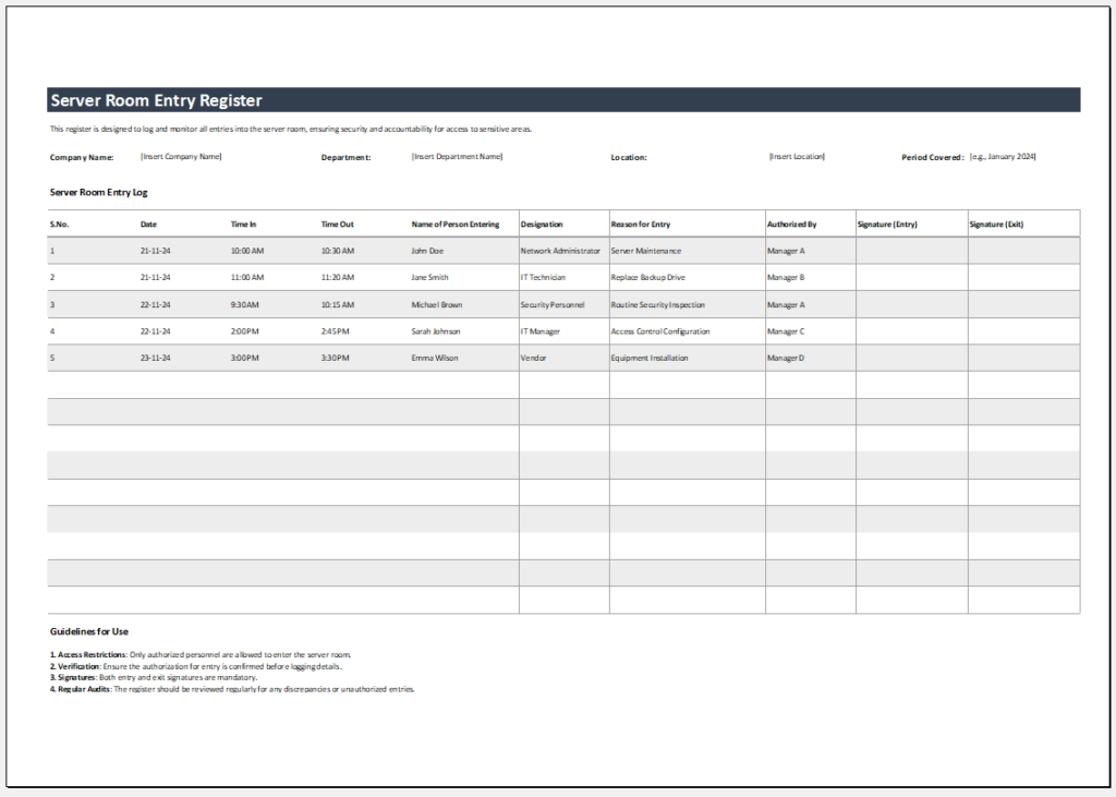 Server Room Entry Register Template