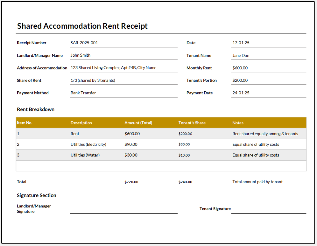 Shared Accommodation Rent Receipt