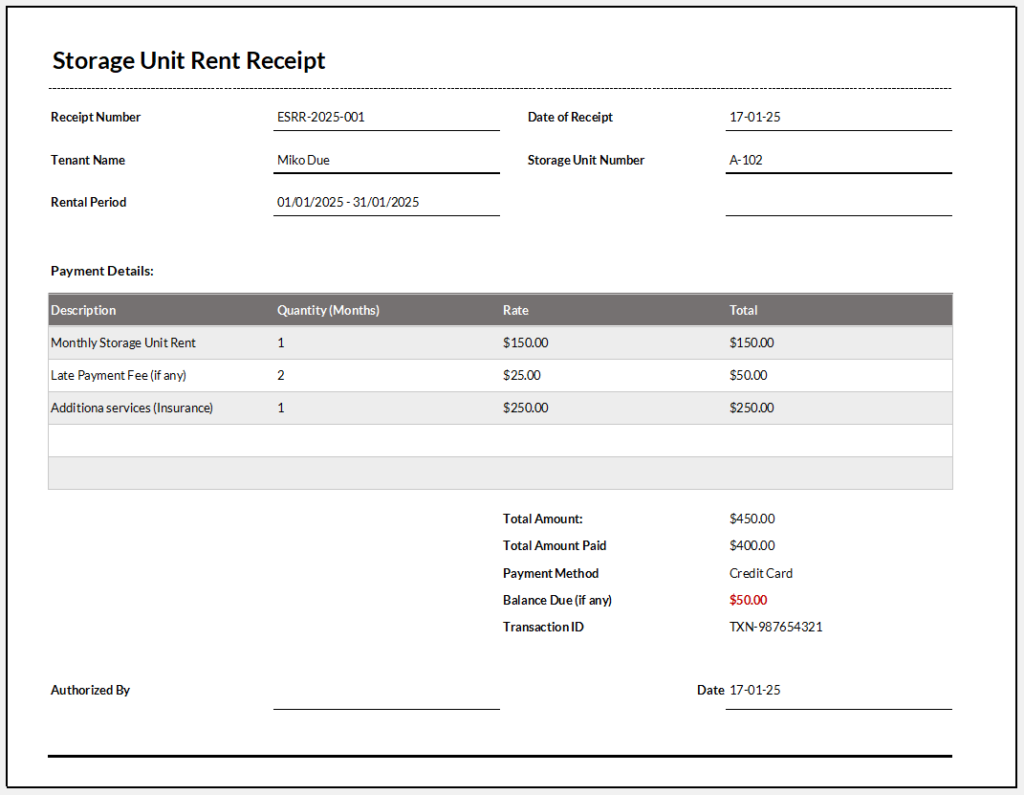 Storage Unit Rent Receipt Template