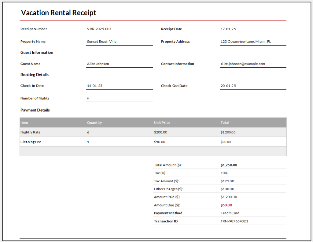 Vacation Rental Receipt Template