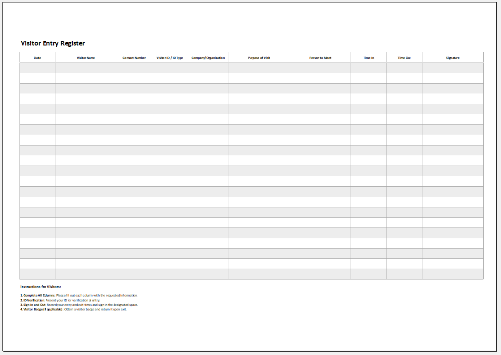 Visitor Entry Register Template