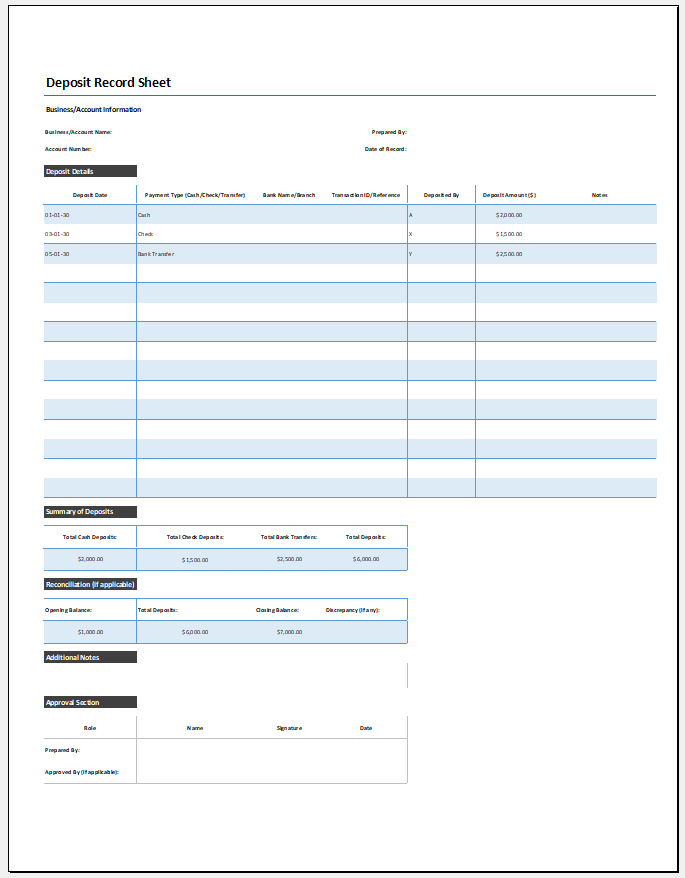 Deposit Record Sheet Template for Excel