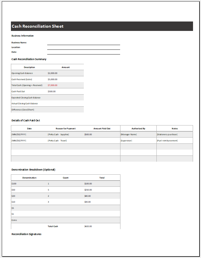 Cash Reconciliation Sheet Template