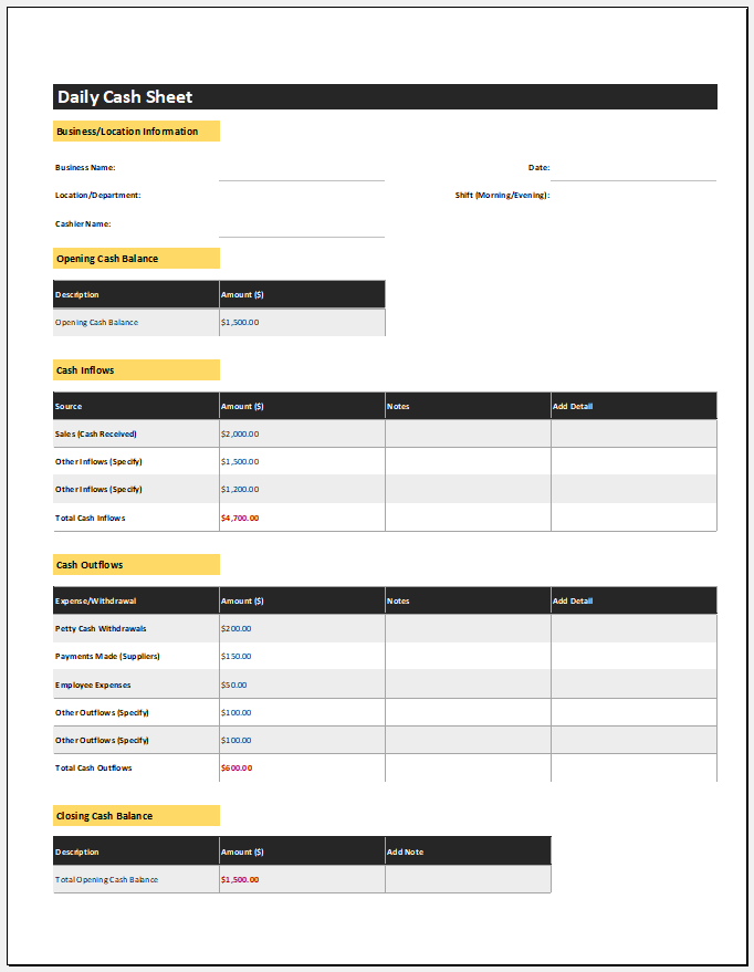 Daily Cash Sheet Template for Excel