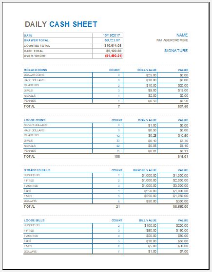 Daily Cash Sheet Template for MS Excel Excel Templates