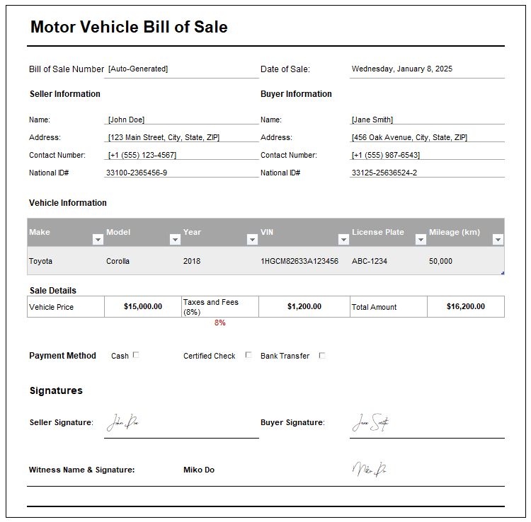 Motor Vehicle Bill of Sale Template