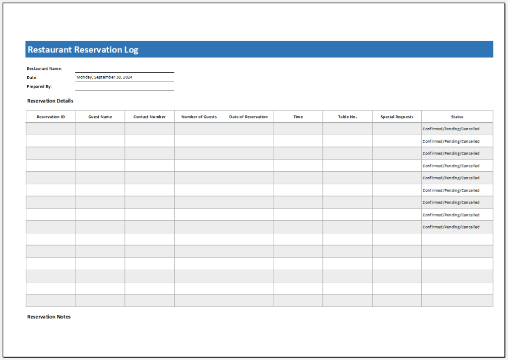 Restaurant Reservation Log Template