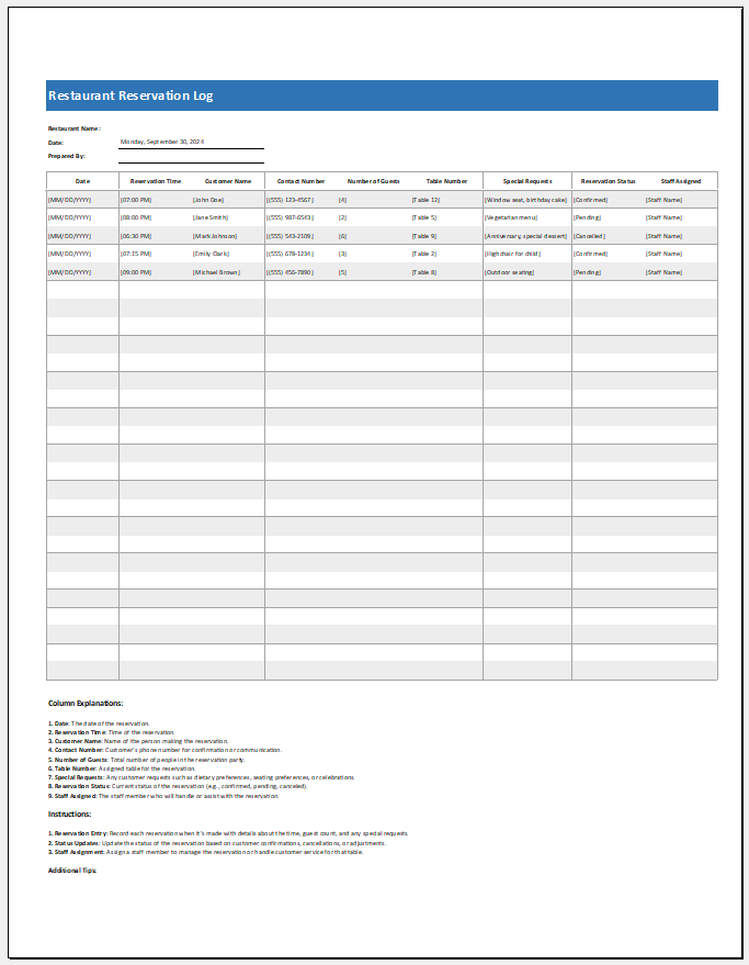 Restaurant Reservation Log Template