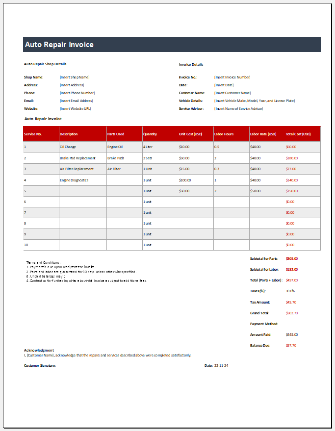 Auto Repair Invoice for Excel