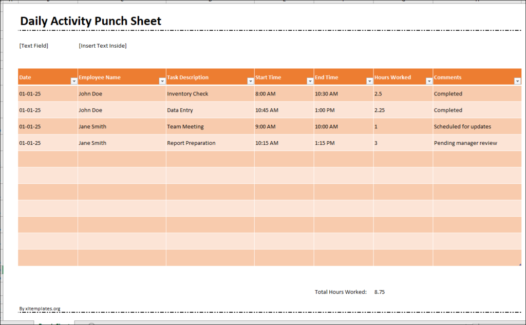 Daily Activity Punch Sheet