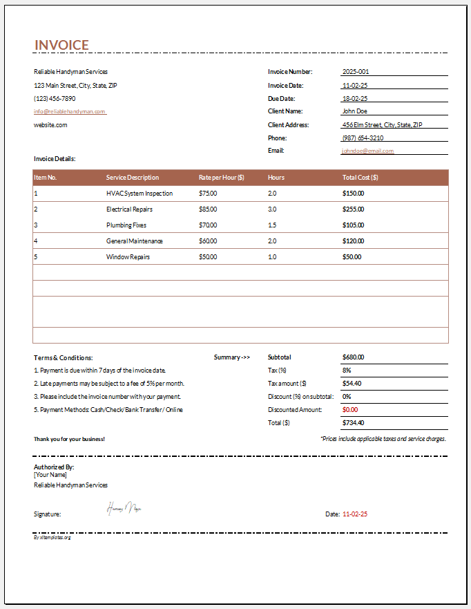 Maintenance invoice template