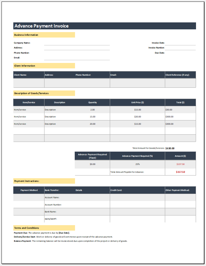 Advance Payment Invoice Template