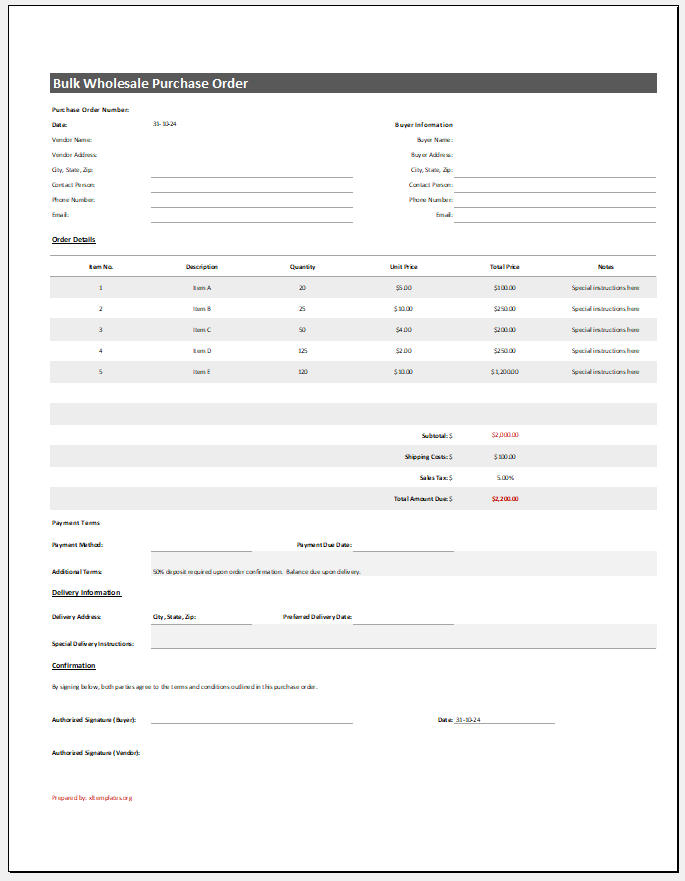 Bulk Wholesale Purchase Order