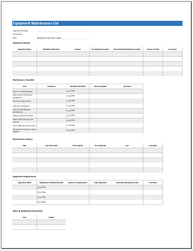 Equipment Maintenance List