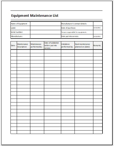 Equipment Maintenance List Template For MS Excel Download