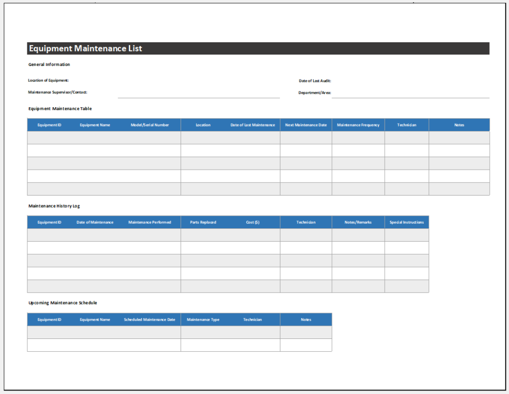 Equipment maintenance list template