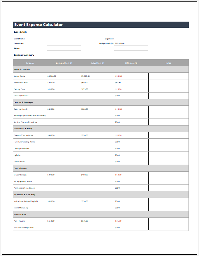 Event Expense Calculator Template for Excel