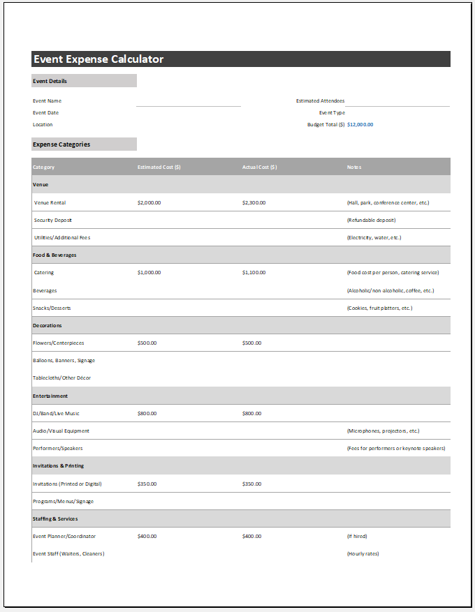 Event Expense Calculator Template for Excel