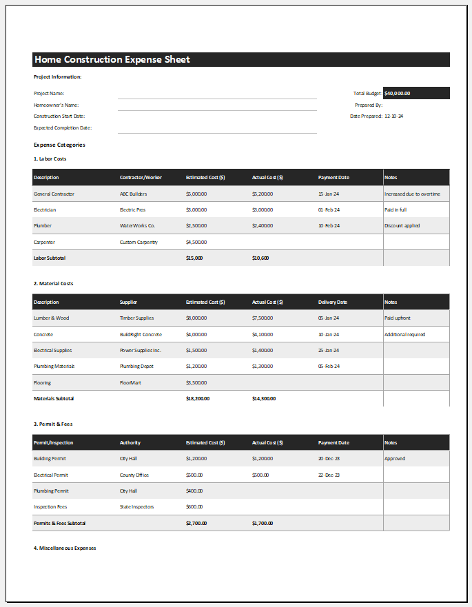 Home Construction Expense Sheet