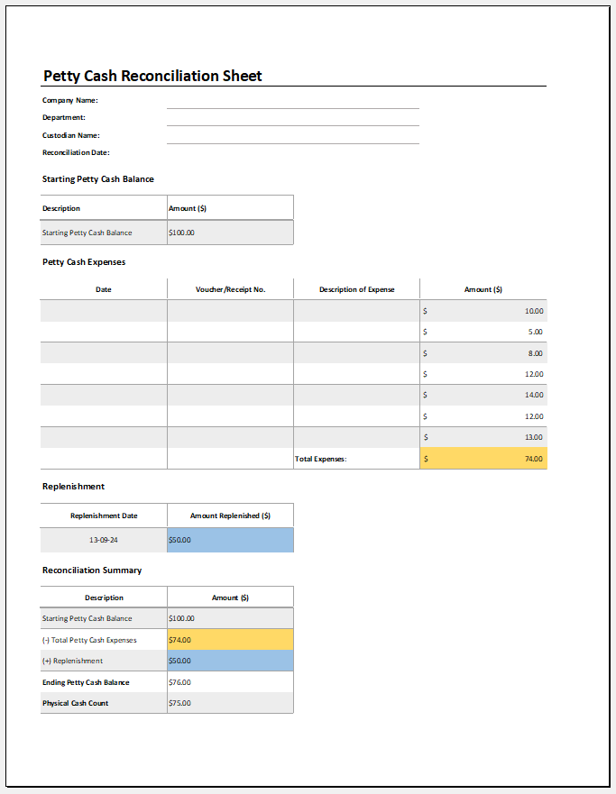 Petty cash reconciliation sheet