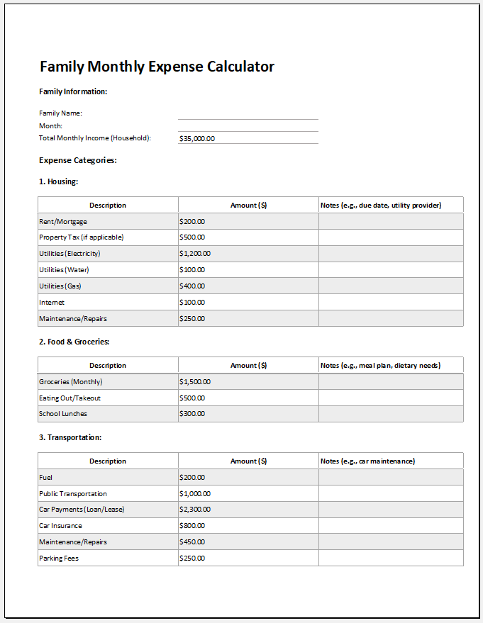 Family Monthly Expense Calculator