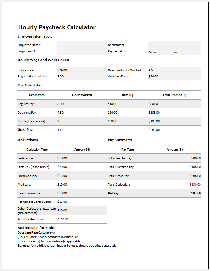 Hourly Paycheck Calculator Template